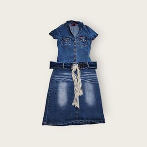 Vintage Y2k Hot Kiss navy blue denim button down collared belted mini dress